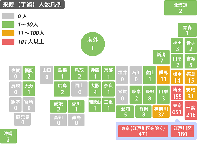平成28年度 脊椎手術患者さんの都道府県別分布図