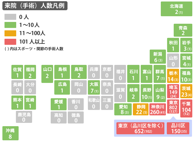 2020年度 脊椎手術患者さんの都道府県別分布図