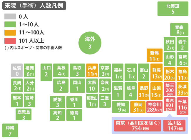平成30年度 脊椎手術患者さんの都道府県別分布図