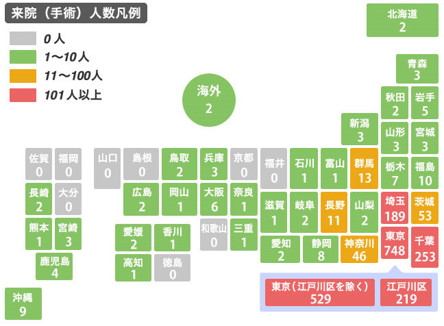 平成29年度 脊椎手術患者さんの都道府県別分布図