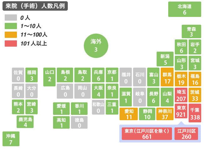平成30年度 脊椎手術患者さんの都道府県別分布図